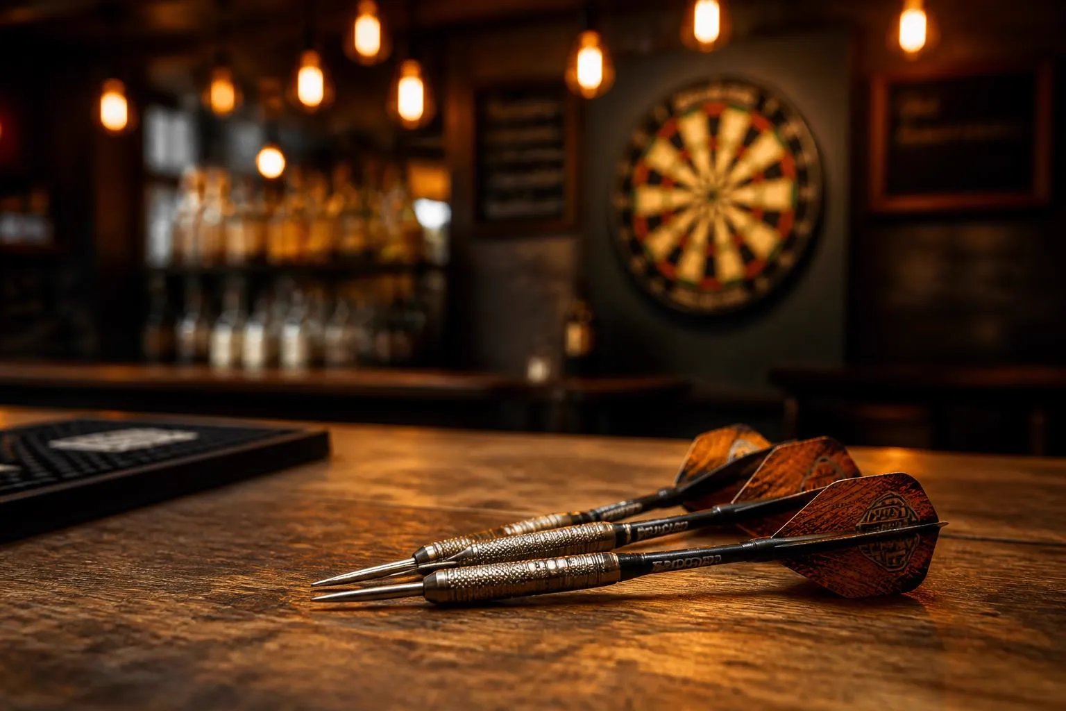 Steel-tip darts resting on a wooden table in a warmly lit bar