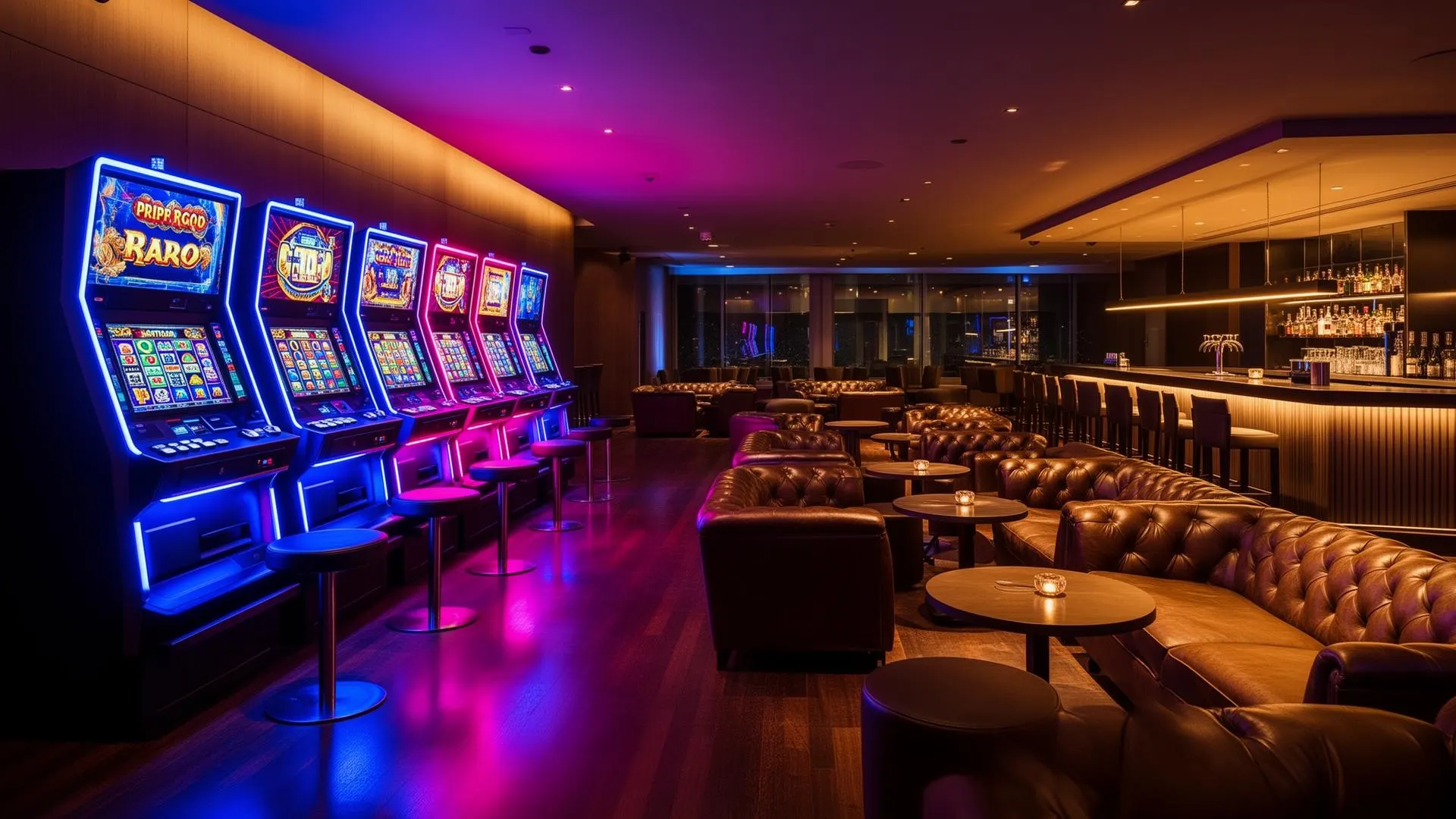 Modern gaming lounge with a row of illuminated video slot machines and leather seating